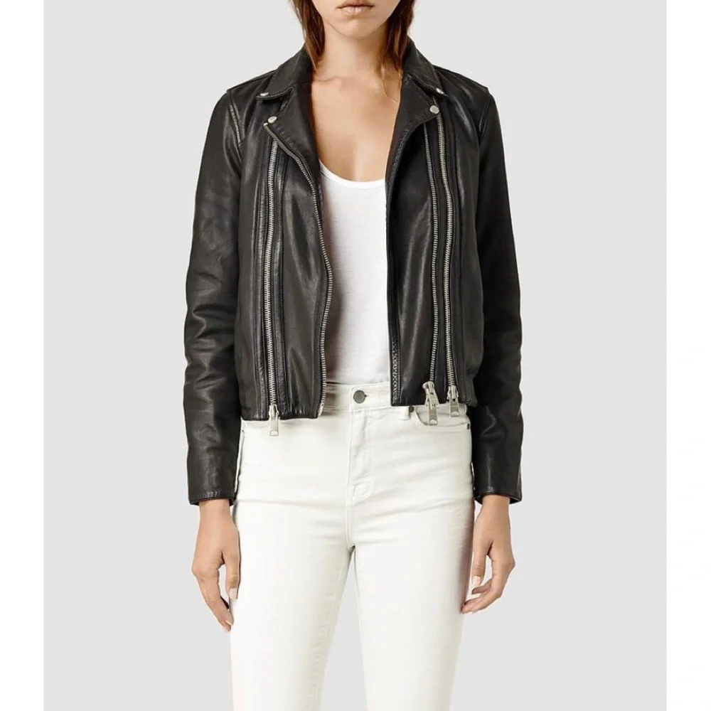 All Saints Charcoal Leather Biker Jacket - Picture 1 of 5
